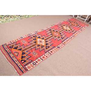 Turkish <b>Runner</b> Rug 3.2x12.6 ft, Vintage Herki <b>Red</b> Polka dot Wool Rug - Product Image 2