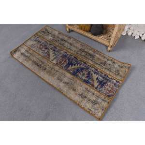 Vintage Wool Patchwork <b>Rug</b> Beige Blue with Latex Backing 1.7 X 3.2 ft Handmade Abstract Rectangle Design for Living Room <b>Bedroom</b> - Product Image 3