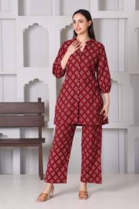 Premium Cotton Knitted Floral <b>Summer</b> Short Slit Button Kurti Palazzo Co-Ord Set Women One Set | Breathable | Casual Ethnic Wear - Product Image 3