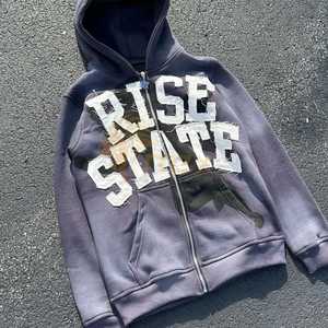 Sudadera con capucha vaquera desgastada personalizada para hombre, jersey con cremallera y forro polar de algodón 100%, estampado bordado, diamantes de imitación, comodidad de invierno - Product Image 6