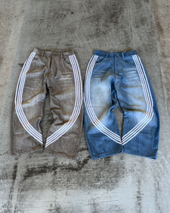 Streetwear décontracté à rayures et logo personnalisé délavé à l'acide jeans vintage short de survêtement en denim pour hommes - Product Image 4