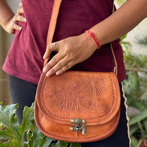 Vintage Goat Leather Handmade Leather Sling Bag Embossed Indian Leather Purse <b>Unique</b> Stylish Bag - Product Image 1
