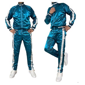 Material de satén de poliéster utiliza el chándal de patrón ajustado personalizado brillante/traje de satén de poliéster hecho a medida en blanco al por mayor - Product Image 1