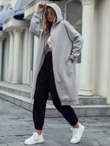 <b>Women</b> <b>Long</b> Hooded Fleece <b>Sweatshirt</b> Coat Breathable Cotton Knit Winter Casual Outerwear Side Pockets Optional Embroidery OEM - Product Image 4