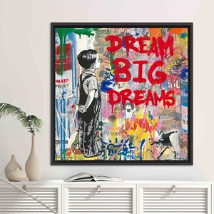 Printed <b>Canvas</b>: Banksy Graffiti Art - Dream Big Boy,BLACK <b>FRAMED</b> <b>CANVAS</b> - Product Image 1