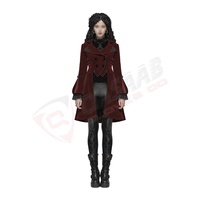Manteau long vintage en velours bordeaux pour femme grande taille, style automne, avec garniture en dentelle, manches lanternes et double boutonnage