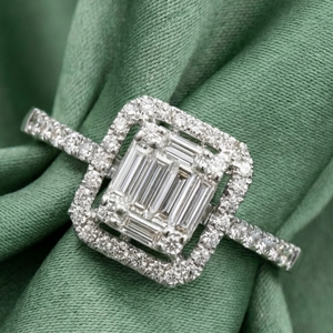 Elegant 18K Solid White Gold Baguette Diamond Ring Emerald Cut Illusion Mosaic Cluster Geometric Halo Customized Initial & Name - Product Image 1
