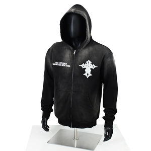 Sudaderas con Capucha y Cierre de Cremallera Personalizadas de Algodón Negro Francés, Estilo Vintage, Lavado Ácido, Bordadas, Gruesas, para Hombre - Product Image 1