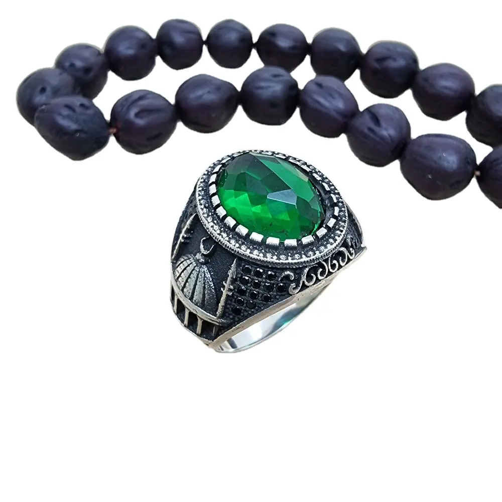 925 Sterling Silber Riesige grüne Männer Ring Türkischer Ring für Männer Osmanische Arabische Moschee Motiv Ring Zubehör Geschenk für den Menschen