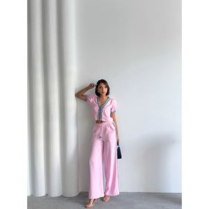 Veste en lin rose pour femme TOPSHOW avec détails en jean, style décontracté léger pour le printemps et l'été - Product Image 2