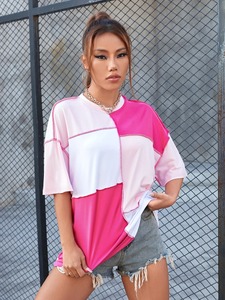 Venta al por mayor último diseño mujeres en blanco 100% algodón Tops mujeres transpirable color bloque camisetas - Product Image 4