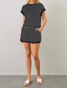 Ensemble de salon 2 pièces d'été pour femmes T-shirts à manches courtes à rayures Mini Shorts Loungewear Shorts Set Ribbed Pajama Set - Product Image 5