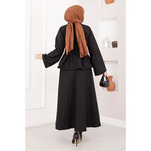Ensemble jupe et veste décontracté et formel, design asymétrique avec boutons dorés, ceinture et couleur noire - Product Image 5