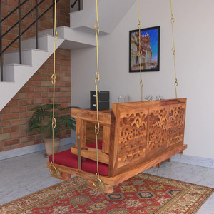Wooden Hanging Swing <b>Bench</b> With Red <b>Cushion</b> Rustic Carved Backrest Indoor Outdoor Living Room Furniture Jhoola Design - Product Image 3