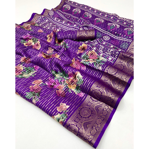 สารีไหมโดลาบริสุทธิ์พิมพ์ลายดอกไม้ในเฉดสีพาสเทล dola Silk สารีสีม่วงพร้อมการตกแต่ง zari หนัก - Product Image 6