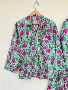 Conjunto de pijama de noche de verano informal de lujo elegante Floral con estampado de algodón 100% de tiro alto Vintage para mujer, camisa y pantalón - Product Image 2