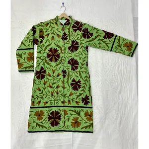 Suzani Hand Embroidery Reversible Mandarin Collar <b>Long</b> <b>Jacket</b> <b>Men</b> Women Green Floral Design Custom Logo 100% Cotton Spring XL - Product Image 1