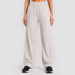 Pantalones de Mujer de Cintura Alta y Pierna Ancha con Rayas Minimalistas, Transpirables, Casuales, con Estampado Formal en Color Blanco Hueso - Product Image 2