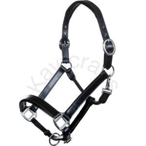 Classic Full Grain Harness Leather Halter with Padded Raised Noseband Adjustable Headpiece and <b>Snap</b> <b>Clip</b> Fastening - Product Image 2