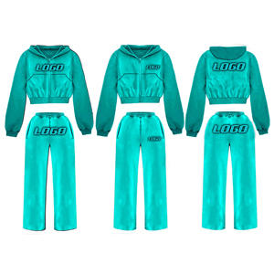 Conjunto de Sudadera con capucha de algodón 100% recortada de alta calidad, chándal de hombro para mujer, conjunto de dos piezas bordado con lavado ácido - Product Image 2