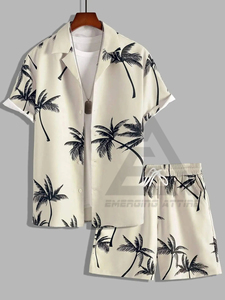 OEM ODM Ensemble de costume deux pièces pour hommes Chemise et short à imprimé hawaïen Plage d'été en coton respirant à fleurs - Product Image 4