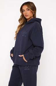 Ensemble de survêtement pour femme, hiver, 2 pièces, uni, brodé, respirant, long, surdimensionné, sweat à capuche bleu marine - Product Image 2