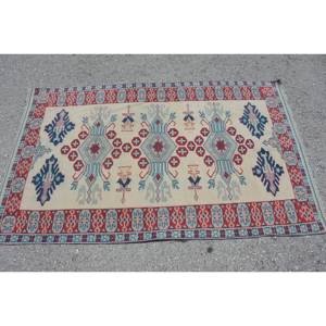 พรมตุรกีโบราณพื้นที่ขนาดใหญ่3.4 x 5.6ft คลาสสิกสีแดงสีน้ำเงินแบบปะต่อดีไซน์ขนแกะขนาด10มม. พรมปูพื้นห้องโถงสี่เหลี่ยมผืนผ้า - Product Image 3