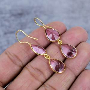 Rose Kunzite poire forme pierre précieuse 925 argent Sterling plaqué or fil boucle d'oreille pour les femmes demoiselle d'honneur élégant boucle d'oreille cadeau pour elle - Product Image 4