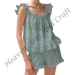 Conjunto de pijama de pantalones cortos de algodón con estampado de bloque indio, ropa de descanso, Primavera/Verano, conjunto de pijama con mangas ajustadas florales con volantes y tiras - Product Image 5
