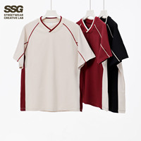 T-shirt en coton lourd 260 g/m² pour homme, col en V, rayures contrastées, coupe ample, style vintage, streetwear décontracté
