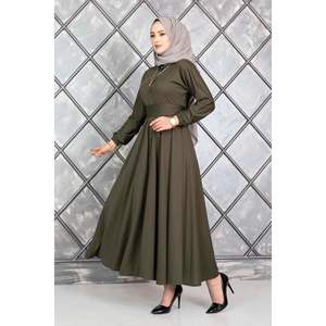 Vestido Hijab con cinturón abotonado caqui para niñas y damas, bata tradicional de lujo con opción de talla grande para el verano - Product Image 5