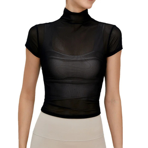 Camiseta informal de yoga para mujer Camiseta deportiva de cuello alto Malla transpirable Protección solar Jersey bordado - Product Image 1