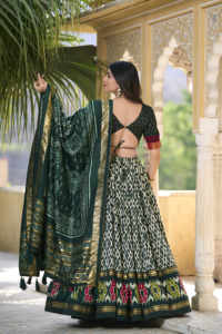 Exclusivo Tussar Silk Ikkat Print Lehenga Choli con trabajo de lámina y Gotta Patti Tassel Dupatta para Festival de bodas al por mayor - Product Image 6