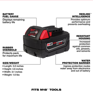 2 Baterías (XC) de Iones de Litio REDLITHIUM de <span class=keywords><strong>5.0</strong></span> <span class=keywords><strong>Ah</strong></span> y 18 V M18B5 para Taladro, Amoladora y Llave de Impacto Milwaukee M18, Batería para Herramientas Eléctricas Inalámbricas - Product Image 2