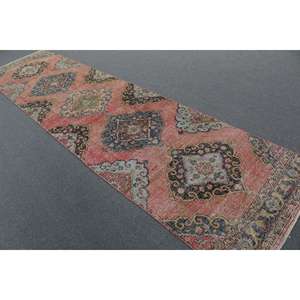 Vintage <b>Runner</b> Rug 3.37x13.3 ft, <b>Red</b> Bordered Turkish Wool Rug - Product Image 4