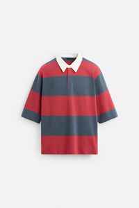 Premium Vintage Streetwear Polo Hombres Camiseta de algodón a rayas con logotipo personalizado Cuello de solapa Loose Fit Oversized Rugby Style T-Shirt - Product Image 5