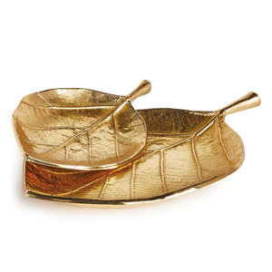 Plateau de service écologique en laiton en forme de feuille avec des accents floraux plaqués or, passe au lave-vaisselle et au micro-ondes, pour les fêtes et l'usage domestique - Product Image 1