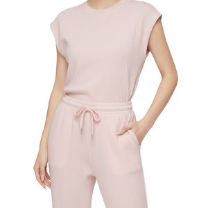 Conjunto de Dos Piezas para Mujer, Tejido de Punto Acanalado Suave, Rayas, 100% Algodón, Corte Ajustado, Top sin Mangas y Pantalones Cortos, Color Personalizado, Marca Privada, Venta al Por Mayor - Product Image 1