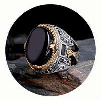 Bague de luxe pour homme en argent sterling 925, sertie d'une pierre précieuse Aqeeq du Yémen, style vintage turc, pour anniversaire de mariage, avec monture closée noire