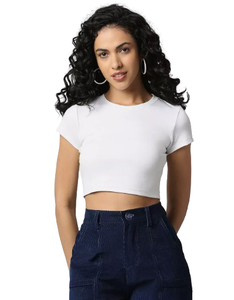 Crop Top Boxy Camisetas para mujer Medias mangas con cuello redondo Diseño Color sólido 100% Algodón Hecho Verano Cuello redondo Camisetas orgánicas - Product Image 1