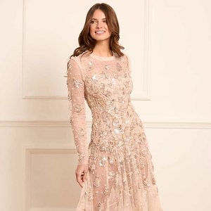 Robe longue élégante et respirante pour femme, à manches longues, broderie perlée, soutien-gorge intégré, vente en gros personnalisée, soirées, champagne - Product Image 1