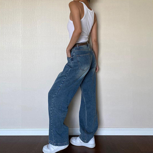 Jeans de Mezclilla Marrón de Pierna Ancha para Mujer, de Cintura Alta, Estilo Retro, Lavado, Casual, Ajuste Regular, para Verano - Product Image 4