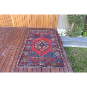 Turkish Accent Rug, 3.4x5.4 ft Vintage Rug, <b>Red</b> <b>Wool</b> Rug - Product Image 1