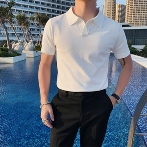 Camiseta de manga corta de Jacquard liso para hombre con cuello en V transpirable estampado informal - Product Image 2