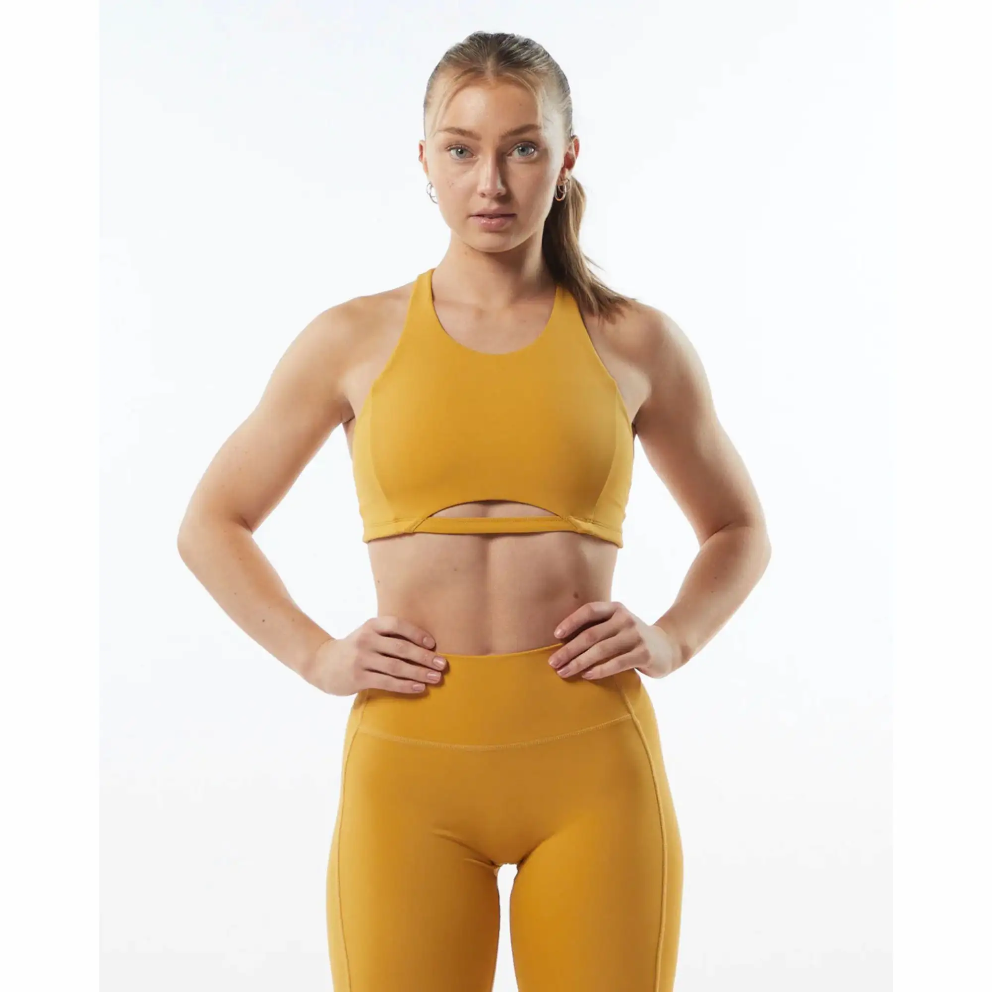 78% Nilon 22% Elastane Gaya Leher Tinggi Fit Racer Kembali Bindingless Hem Womens Sedang-dukungan One Piece Bra Olahraga Kuning Eksotis