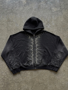 Chaqueta Negra de Invierno Estilo Hip Hop Urbano Personalizada para Hombre, Sudadera con Capucha Gruesa Lavada y Decolorada al Sol con Cierre y Pedrería - Product Image 5