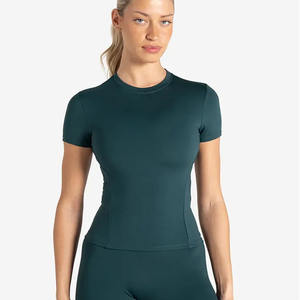 Camiseta de gimnasio para mujer de color verde azulado marino de alta demanda, camiseta elástica de manga corta de longitud completa con cuello redondo y poliéster, nueva camiseta informal de entrenamiento de Yoga - Product Image 1