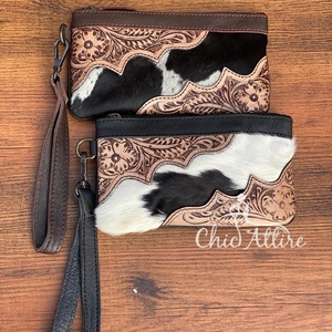 Portefeuille en cuir véritable fait à la main pour femmes, pochette à fermeture éclair en cuir véritable, pochette florale peinte à la main - Product Image 1