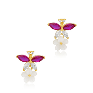 Minimalist Ruby Zircon Marquise Cut Stud Earrings Flower Design Handcrafted Turkish 925 Sterling Silver Jewelry - Product Image 4