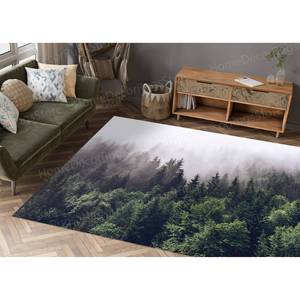 Tapis imprimé Misty Mountain View - Décoration de paysage naturel de ferme, tapis fin non tissé - Product Image 1